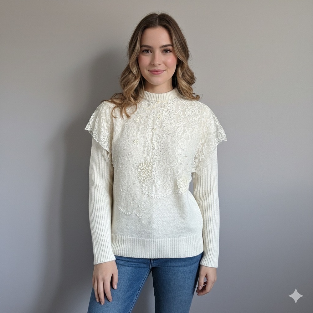 Vintage 80s Ivory Silk Angora Lace Pearl Bib Victorian Sweater - Small